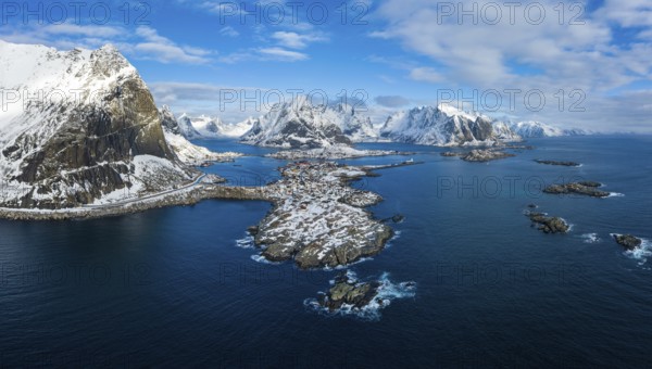 Reine Village and Mountains in Winter. Olstinden Peak. Moskenes, Lofoten Islands. Landscape of Norway. Aerial View