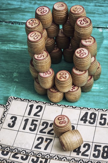 Traditional legacy of the ancient Board game Lotto on wooden background