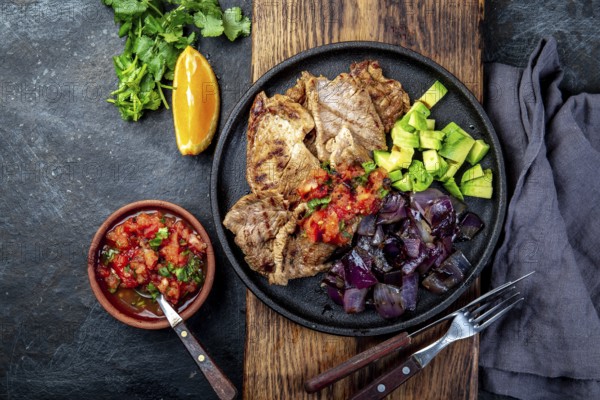 Food, Yucatan Mexican Food Pork POC CHUC poc chuck. Pork marinaded in orange juice served with avocado, purple onion and rustic tomato sauce