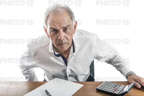 Man as civil servant, representative, lawyer or salesman looks grimly across the table
