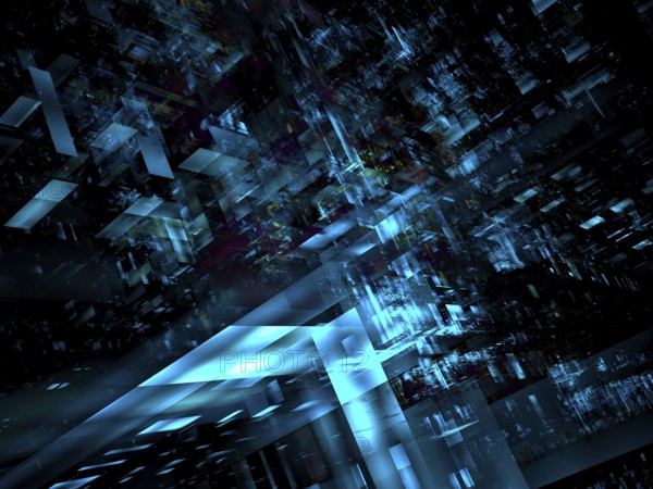 Futuristic construction made of translucent glass blocks. Abstract fractal - computer generated 3d illustration. Virtual reality or science fiction background