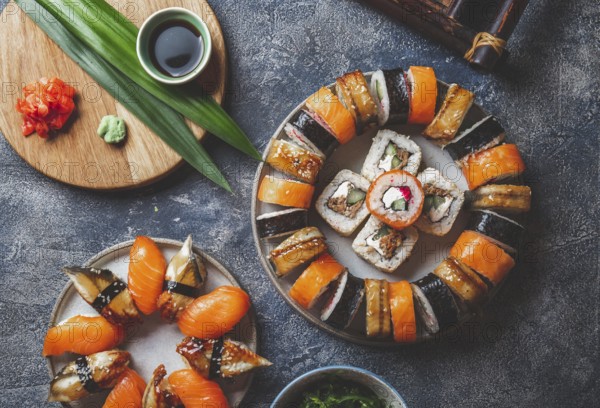 Food, Food, Sushi and rolls sets. Japonese food. top view