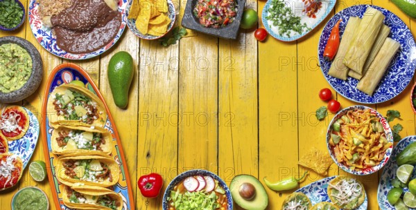 Food, Food, Mexican festive food for independence day, independencia chiles en nogada, tacos al pastor, chalupas pozole, tamales, chicken with mole poblano sauce. Yellow background