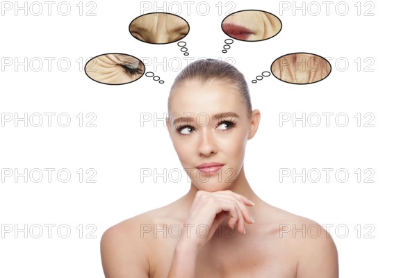 Beautiful clean face of woman looking to side thinking about aging and wrinkles, aesthetics exfoliating skincare concept, on white, Atlanta, USA, North America