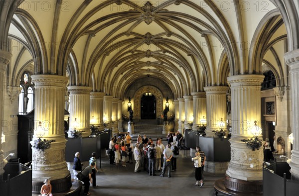 City Hall, Hanseatic City of Hamburg, Historic interior with vaulted ceiling and columns, populated by people, Hamburg, Hanseatic City of Hamburg, Germany, Europe