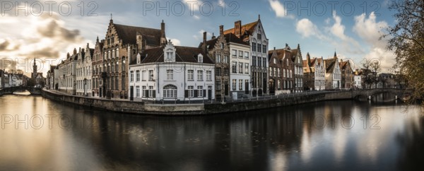 Bruges, West Flemish Region, Belgium, 11 15 2017: The Spiegelrei historical street reflecting in the canal, Europe