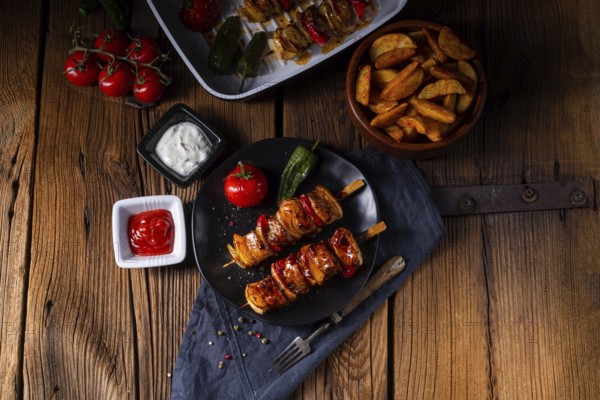 Marinated kebabs with meat and vegetables
