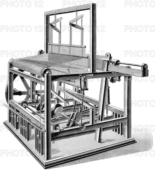 Mechanical weaving loom, 19th century, Historische Zeichnung, mechanischer Webstuhl, Anfang 19. Jahrhundert