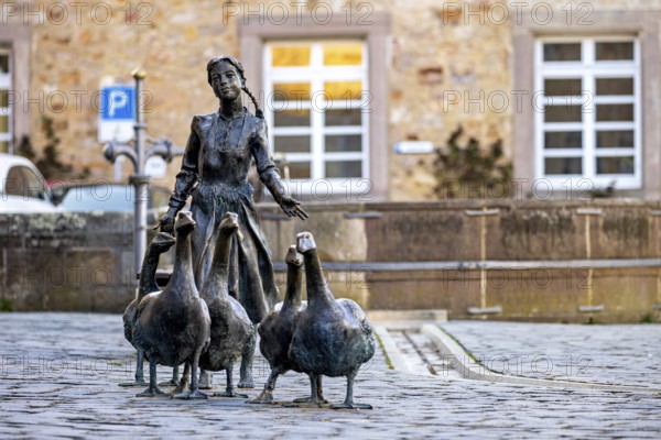 Statue of a girl with geese in front of a historic building, a parked car in the background, The Gänseliesel monument in Melsungen
