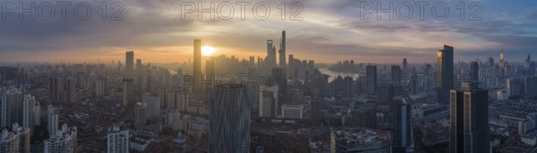 Shanghai Skyline at Sunrise. Panoramic Aerial View