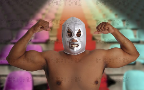 Mexican wrestling mask silver fighter gesture stadium bleachers seats