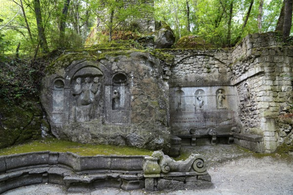 Sacro Bosco, Sacred Forest, Park of the Monsters, Parco dei Mostri, grotesque, monumental sculptures, antique architecture, city of Bomarzo, province of Viterbo, Lazio region, Italy, Bomarzo, Lazio, Italy, Europe