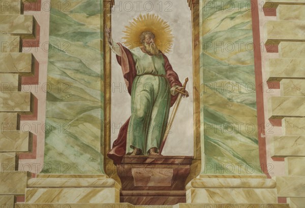 Lüftlmalerei in Mittenwald, St. Peter and Paul, Church, Catholic, Bible, biblical, Mittenwald, Bavaria, Alps, Germany, Europe