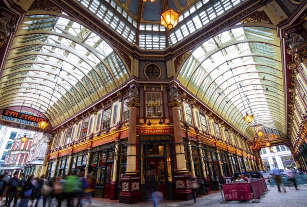 London United Kingdom, July 2 2019: The famous and picturesque Leadenhall Market with the beautiful ornate roof in the city of London Unite Kingdom