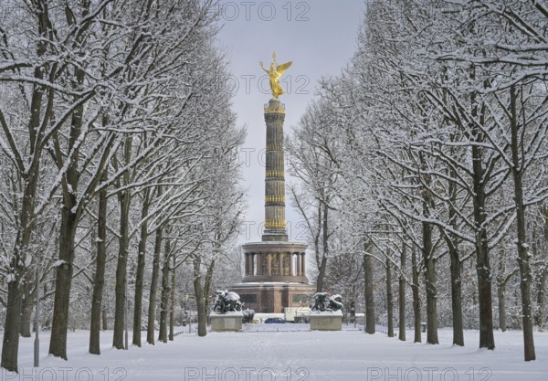 Winter, snow, Siegessäule, Fasanerieallee, Großer Tiergarten, Tiergarten, Mitte, Berlin, Germany, Europe