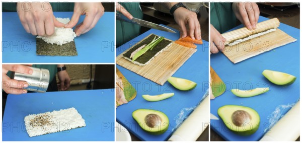 Making sushi. Blue base background