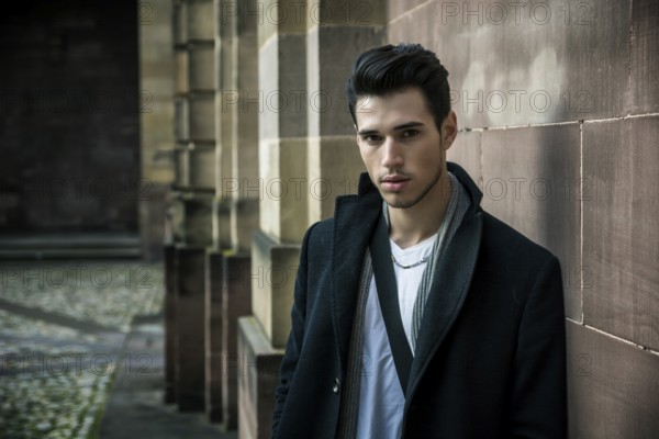 Handsome young man outdoor in winter fashion, wearing black coat and woolen scarf against historic wall in European city