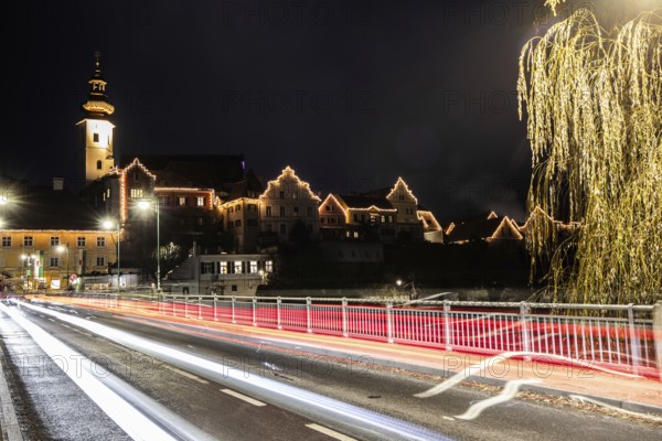 Bridge leads into the old town, Christmas illuminated house facade of Frohnleiten, night shot, Frohnleiten, Styria, Austria, Europe