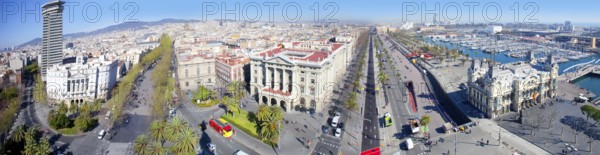 Aerial panoramic Barcelona view Port Passeig Colon and Ramblas