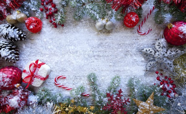 Christmas border frame on white snow background