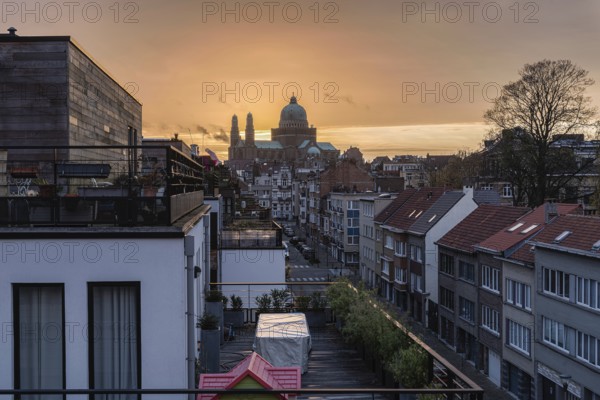 Brussels Capital Region, Belgium, 02 08 2021, Panoramic view over the Brussels skyline during sunset with warm tones, Europe