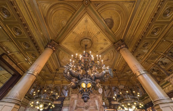 Brussels Old Town, Belgium, 07 18 2018- Decorated interior and roof of Le Metropole, a 5 star luxury hotel, Europe