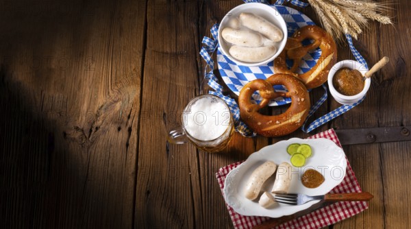 Delicious bavarian oktoberfest white sausage with sweet mustard