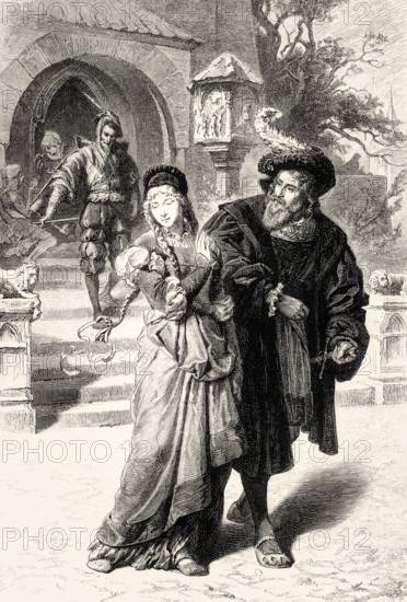 Gretchen, Faust and Mephistopheles, first part of the tragic play Faust by Johann Wolfgang von Goethe