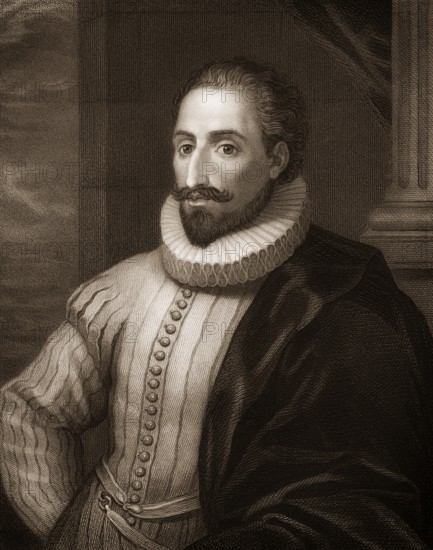 Steel engraving, c. 1860, Miguel de Cervantes Saavedra, 1547-1616, a Spanish writer, Miguel de Cervantes Saavedra, 1547 - 1616, ein spanischer Schriftsteller