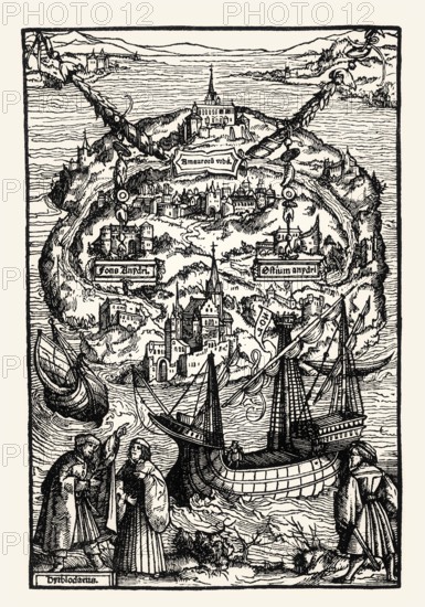 The Island Utopia, 1516, woodcut by Ambrosius Holbein