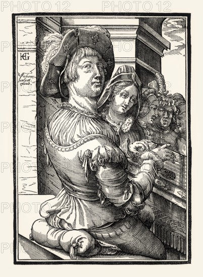 A young man playing the dulcimer, Christoffel van Sichem, after Hendrick Goltzius, 17th century, digitally restored