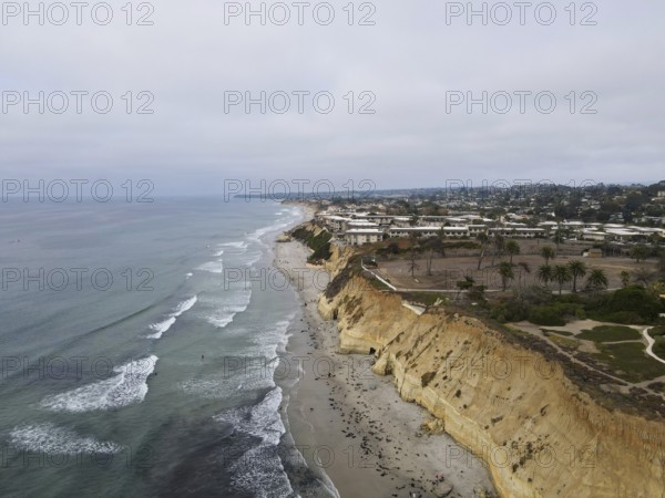 Aerial view of Del Mar North Beach, California coastal cliffs and House with Pacific ocean. San Diego County, California, USA, North America