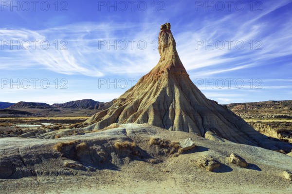 The rock of Castildetierra. Bardenas Reales, the Spanish province of Navarre. Rock formations are unparalleled in Europe. Journey to the warm Spanish autumn