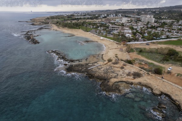 Drone aerial coastline of touristic village of Ayia Napa in cyprus, Ideal place for summer holidays