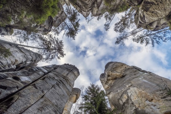 Teplice Rocks bottom view, part of Adrspach-Teplice landscape mountain park in Broumov highlands region of Bohemia, Czech Republic, Europe