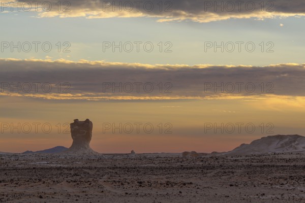 Sunset in the Libyan desert, white desert, limestone formations in the front, Farafra, Egypt, Africa