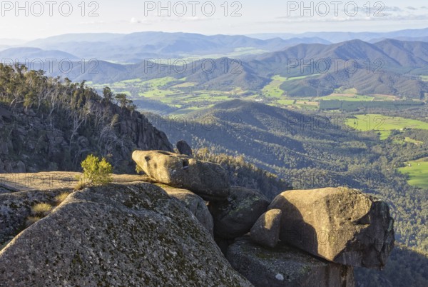 In nice weather there is a beautiful view of the Ovens Valley from the lookout on top of Mount Buffalo, Bright, Victoria, Australia, Oceania