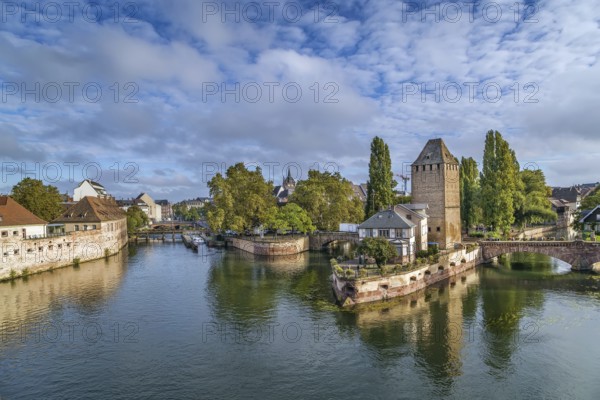 View of medieval bridge Ponts Couverts from the Barrage Vauban in Strasbourg, France, Europe