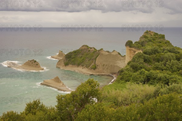 View of Cape Drastis, rock formation, limestone rock, rock, fan palm, spring, Peroulades, Mediterranean, Mediterranean, May, Corfu, Greece, Ionian Sea, Europe, European Union, Europe