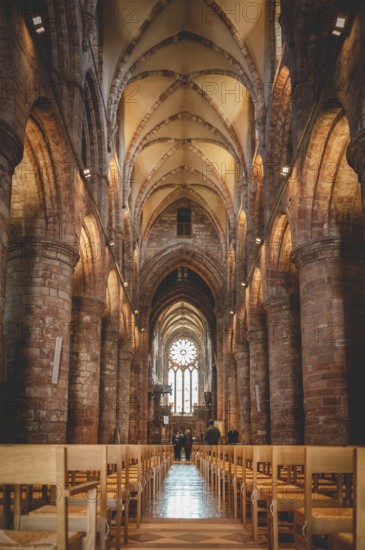 Illuminated Inside of St Magnus Cathedral at Kirkwall, Scotland, vertical shot