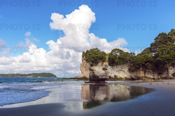 The far end of the earth. Travel to New Zealand. Ocean tide in the Cathedral Cove. Mirror reflections of clouds in wet sand. The concept of exotic, ecological and photo tourism