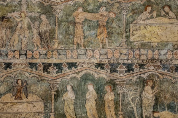 Descent, burial, arrival of the three Marys and meeting with the Magdalene, Gothic paintings, Church of San Martín de Tours, Gazeo, Álava, Spain, Europe