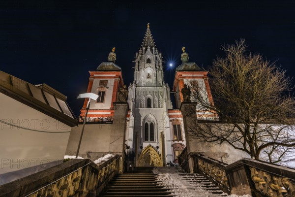 Full moon over the basilica of Mariazell, night shot, main square, Mariazell, Upper Styria, Styria, Austria, Europe