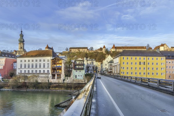 View of Burghausen from Salzach river bridge, Upper Bavaria, Germany, Europe