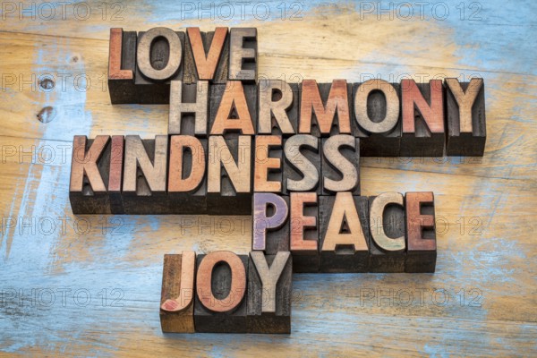 Love, harmony, kindness, peace and joy - inspirational word abstract in vintage letterpress wood type