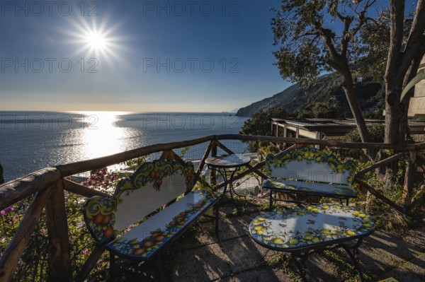 Amalfi Coast in Positano, Italy during sunny day. View of Positano with blue sea on Amalfi Coast in Campania, Italy, Europe