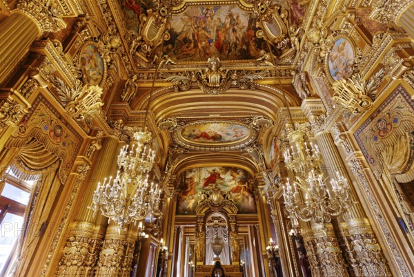 PARIS, FRANCE, MARCH 14, 2017 : interiors, frescoes and architectural details of the palais Garnier, Opera of Paris, march 14, 2017 in Paris, France, Europe