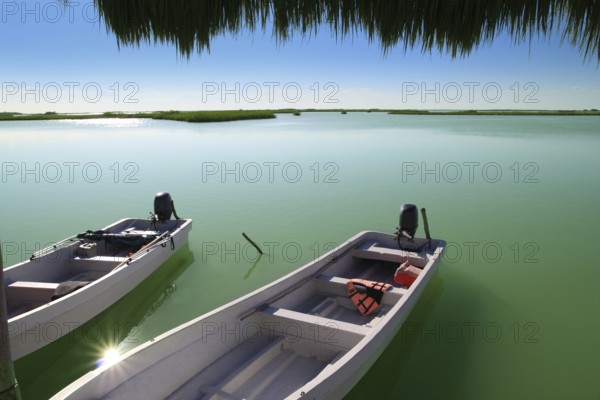 Boats in pier mangrove lagoon in Mayan Riviera sian kaan