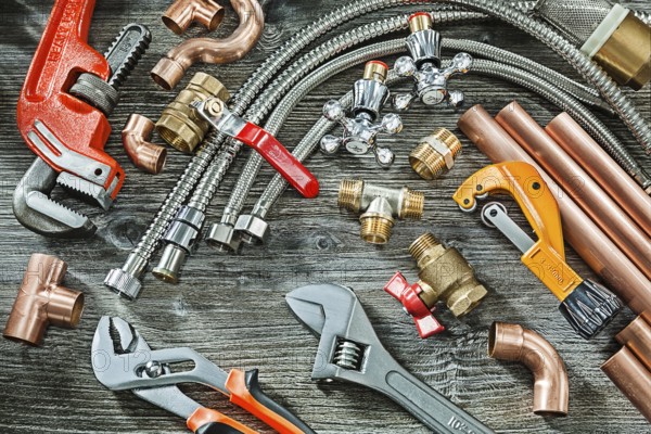 Plumbing concept big set of piping accessories monkey and plumb adjustable wrenches copper brass fittings pipe cutter on vintage wood background