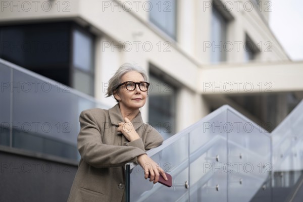 An older woman in fashionable glasses poses thoughtfully on a contemporary staircase, with a modern building in the background under clear skies
